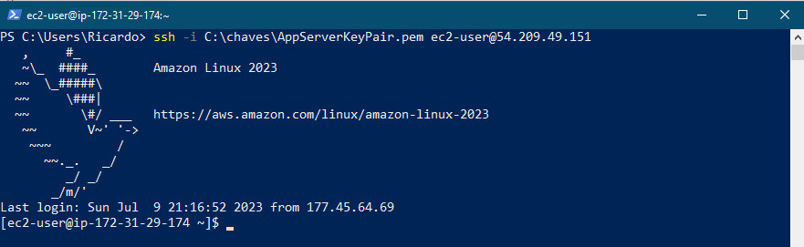 Imagem do comando SSH com acesso remoto à instância EC2 pelo terminal Linux