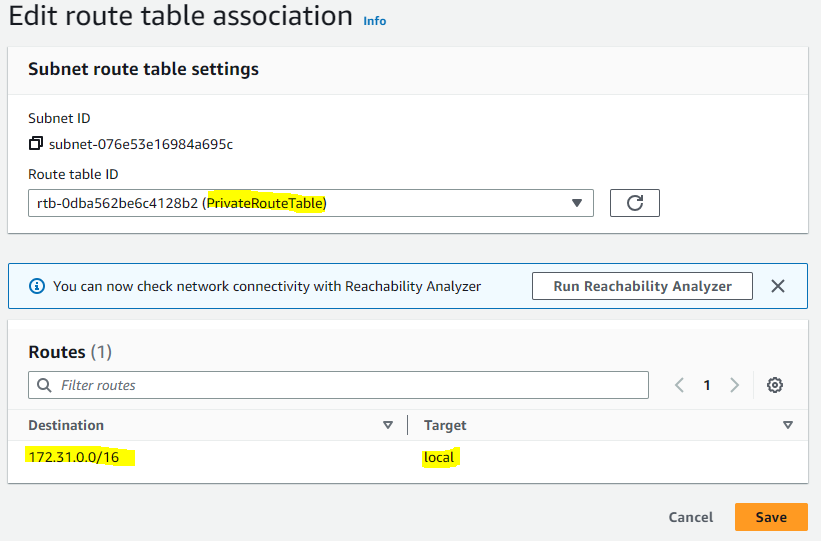 Imagem da console AWS mostrando a associação da Route Table a uma subnet