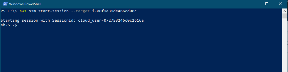 Imagem que mostra o terminal da instância EC2 aberto na linha de comando usando AWS CLI com Session Manager