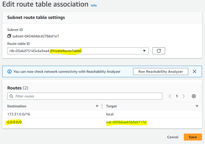 Imagem da console AWS mostrando a associação da Route Table a uma subnet