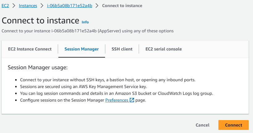 Página de acesso à instância EC2 via Session Manager na console AWS com o botão Connect habilitado