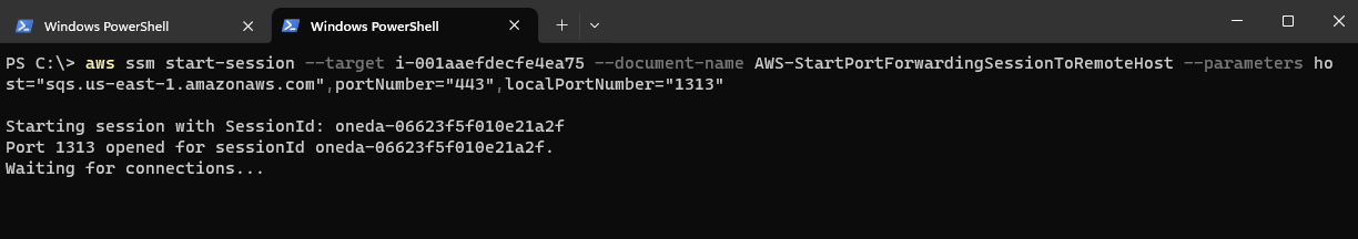 Imagem do terminal com a sessão aberta com o Session Manager com port forwarding para o SQS