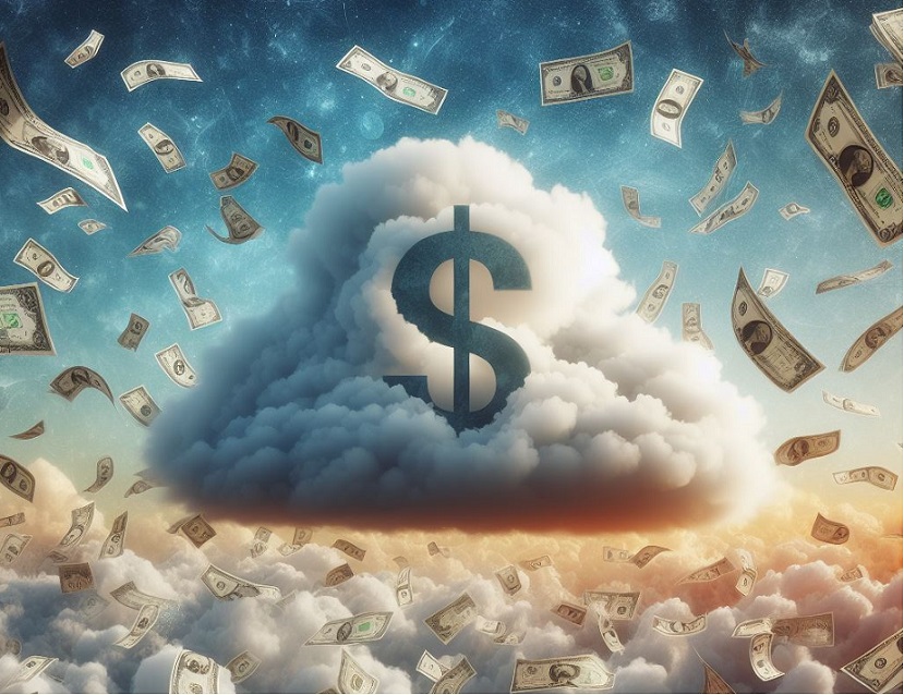 Desenho de uma nuvem com um cifrão e com notas de dólar voando no céu